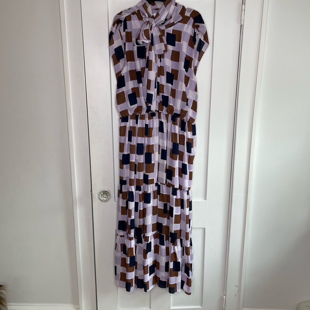 Kate Spade Geometric Patterned Chiffon Dress in Lilac, Brown, and Navy, sz 6